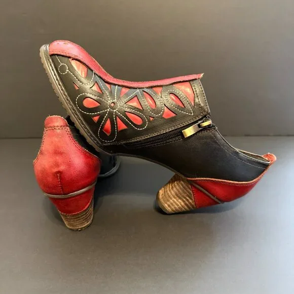 L’Artiste By Spring Step Arbella Heel Booties 11 Red & Black Leather - Picture 5 of 10